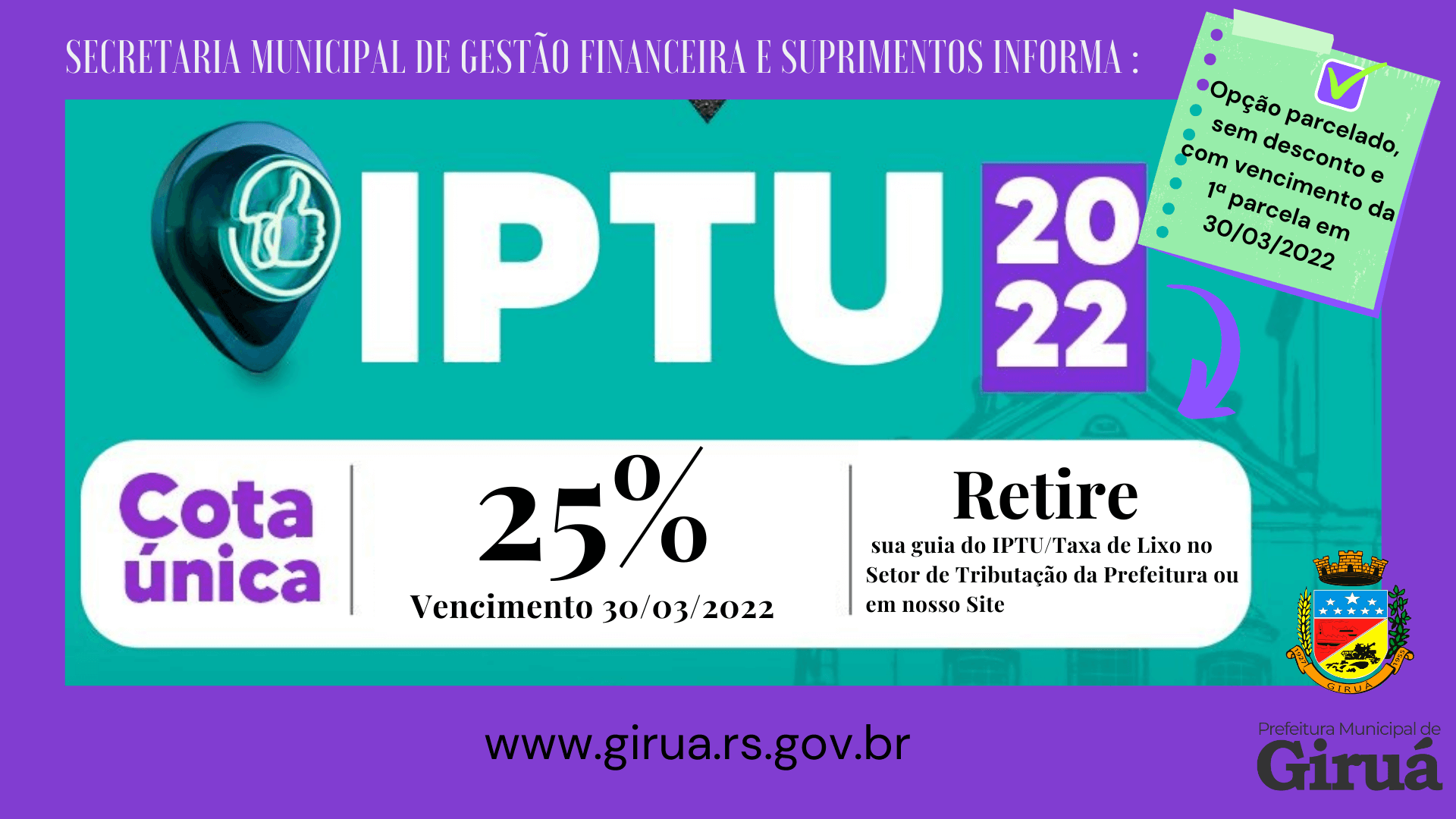 Prefeitura anuncia calendário do IPTU 2022